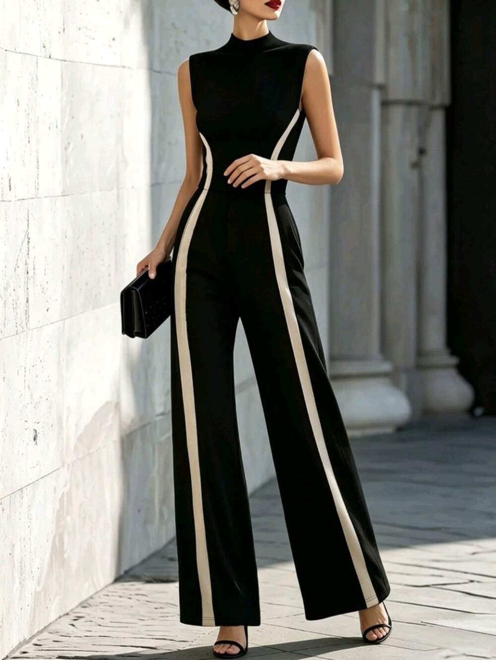 Women's Colorblock Stand Collar Pocket Sleeveless Elegant Jumpsuit - Picture 4 of 6